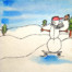 Illustration of a snowman riding a skateboard